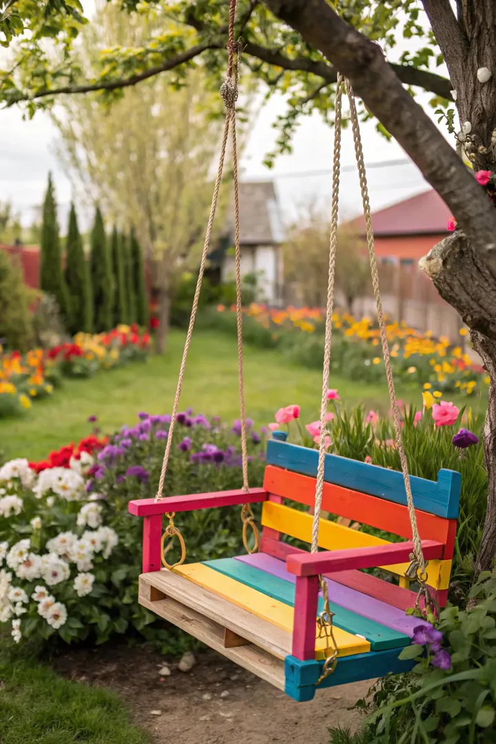 painted wooden pallet converted into a swing seat with rope hangers and outdoor cushions