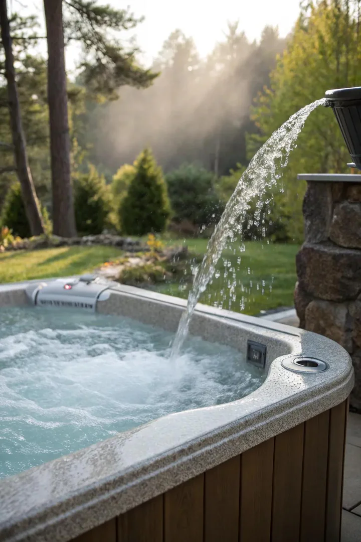 Stacked stone waterfall feature flowing beside a hot tub