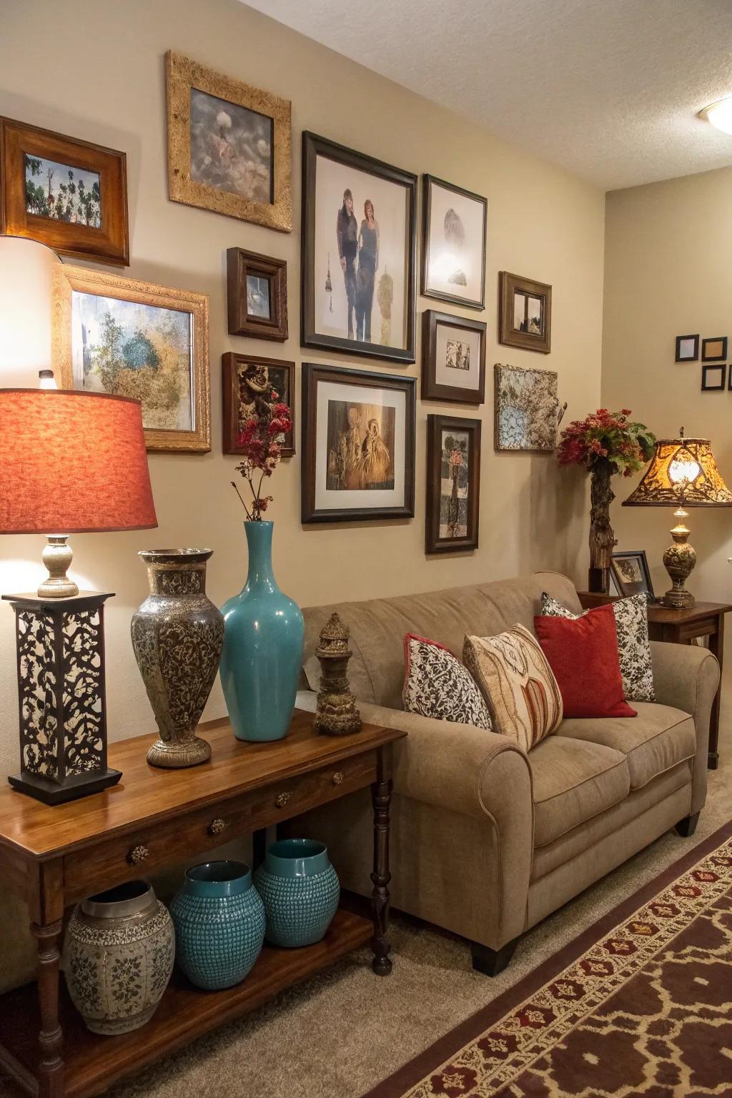 Wall art and personal decor add individuality to this charming living room.