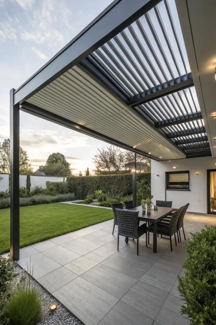 adjustable louvered metal roof patio cover with blades in the open position