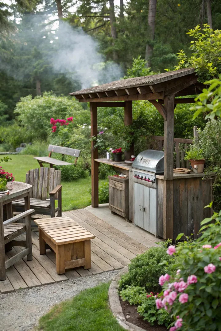 L-shaped cedar BBQ shelter built into a patio corner with open front sides