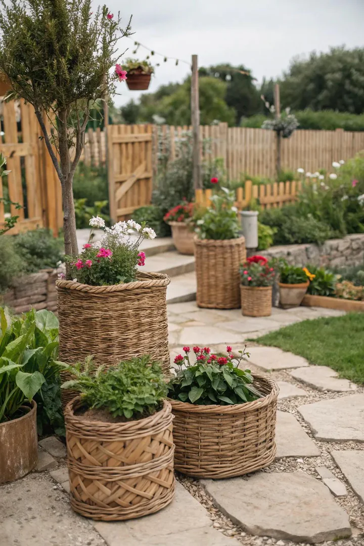 Woven rattan and seagrass baskets used as decorative plant stand covers