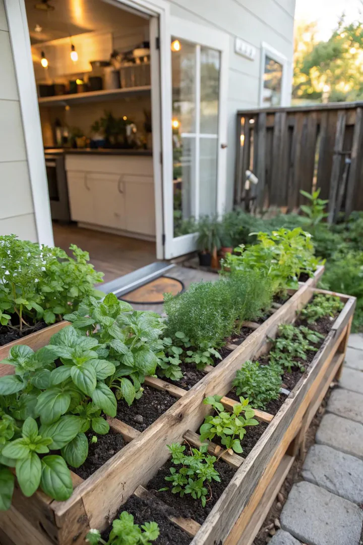 Horizontal pallet herb garden with herbs planted between the slats