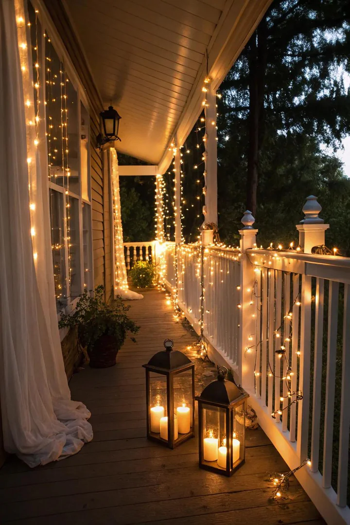 front porch at dusk with string lights draped across the ceiling and lanterns on the steps