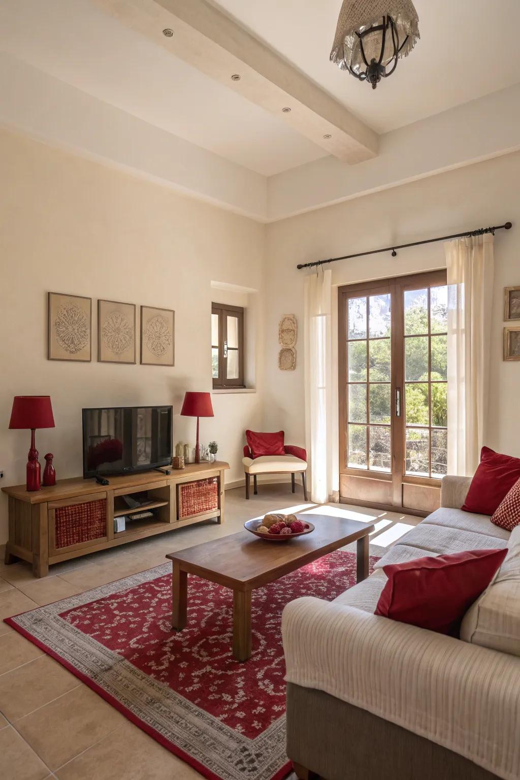 Red accents paired with neutrals create a balanced space.