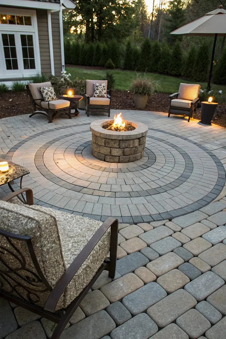 small circular patio with radially arranged brick pavers forming a sunburst pattern