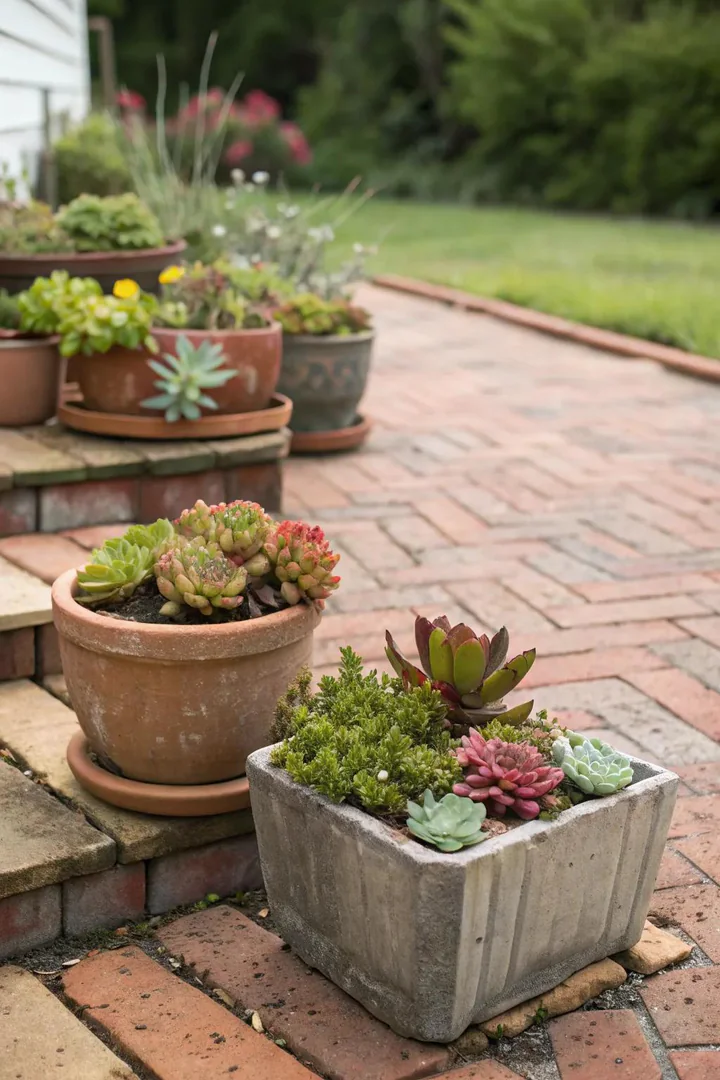 small brick patio bordered by gravel beds filled with agave, echeveria, and sedum succulents