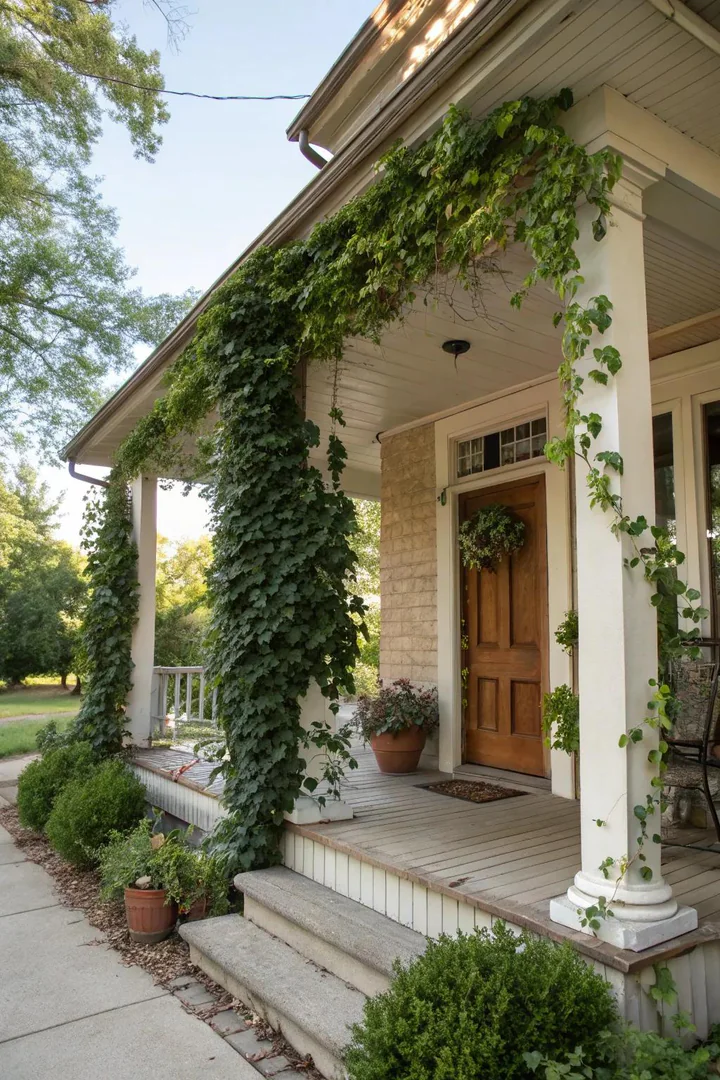 small front porch with climbing jasmine growing up a wire trellis on the porch column