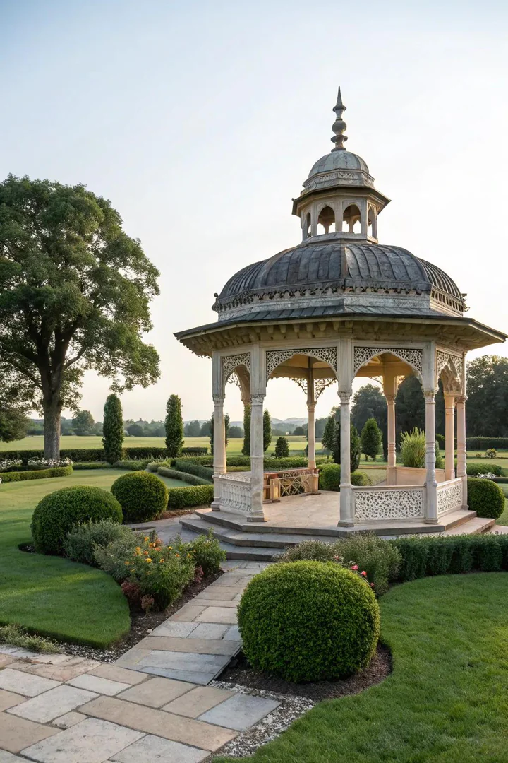 Backyard pavilion with a decorative cupola and weather vane on the roof peak