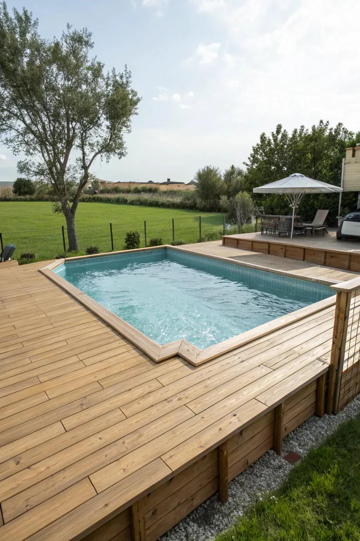 existing backyard deck extended with a new section connecting to an above-ground pool