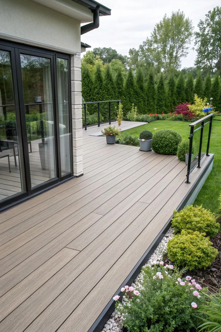 Deck built with recycled composite boards in a warm brown tone surrounded by native plants