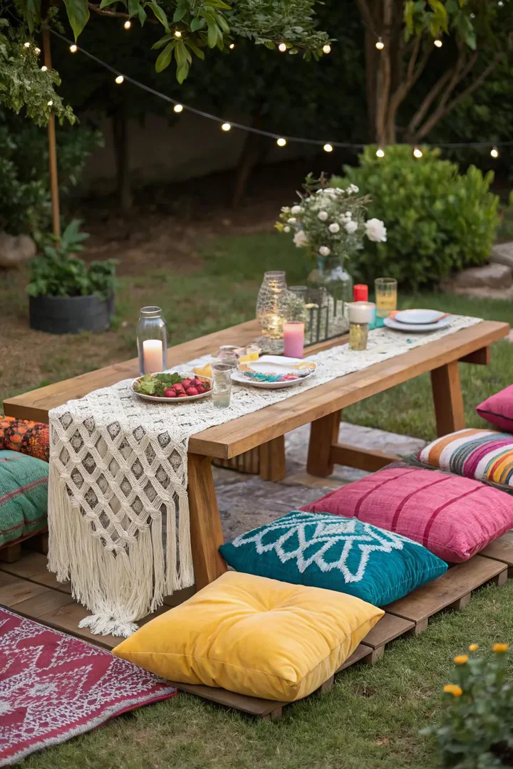 low boho picnic table with macrame runner, floor pillows, and woven rattan placemats on grass