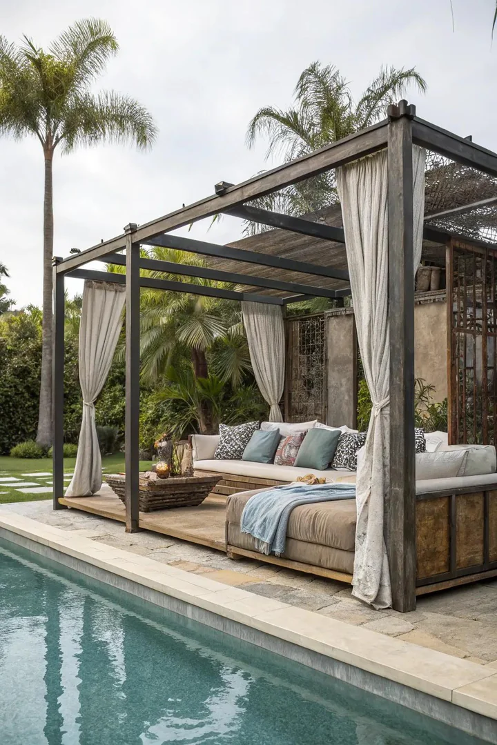 Steel and concrete pool cabana with metal frame and corrugated panels
