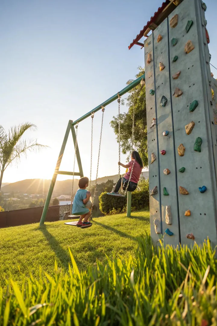 wooden swing set with an attached climbing wall panel on one end and two swings on the other