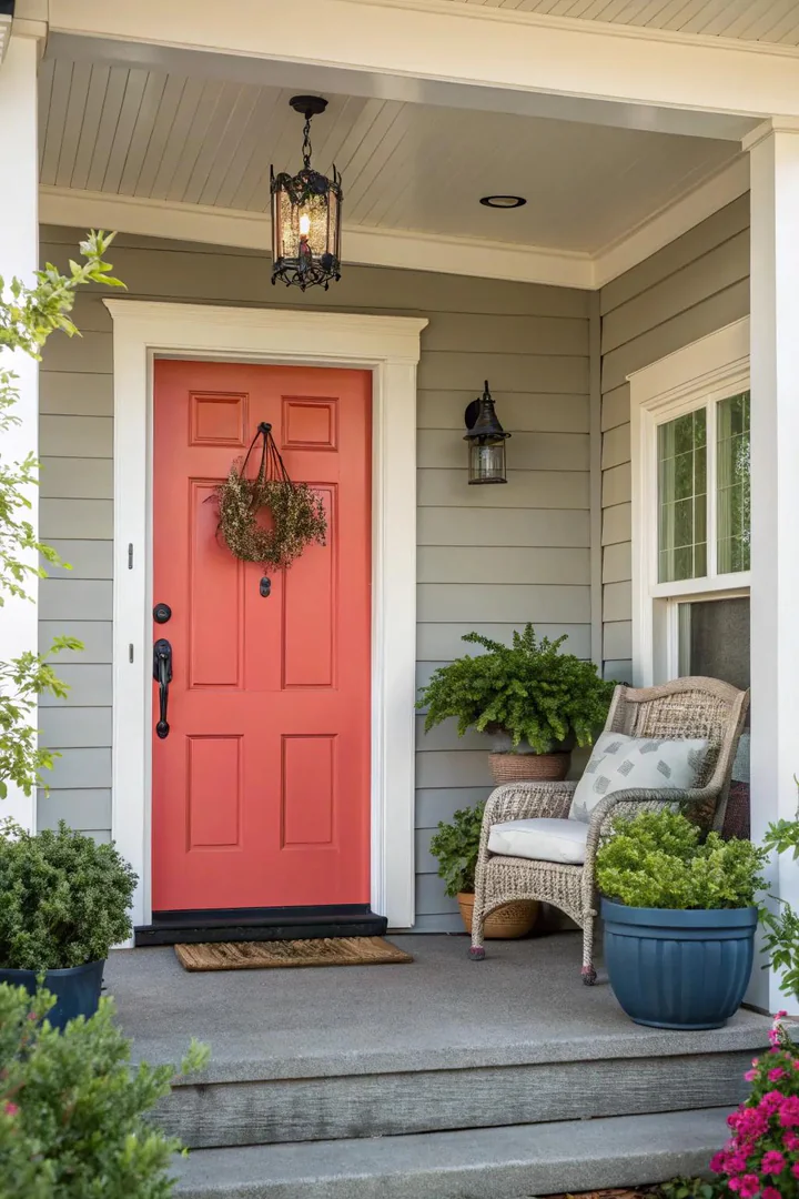 Boldly painted front door in a deep blue color with brass hardware and a wreath