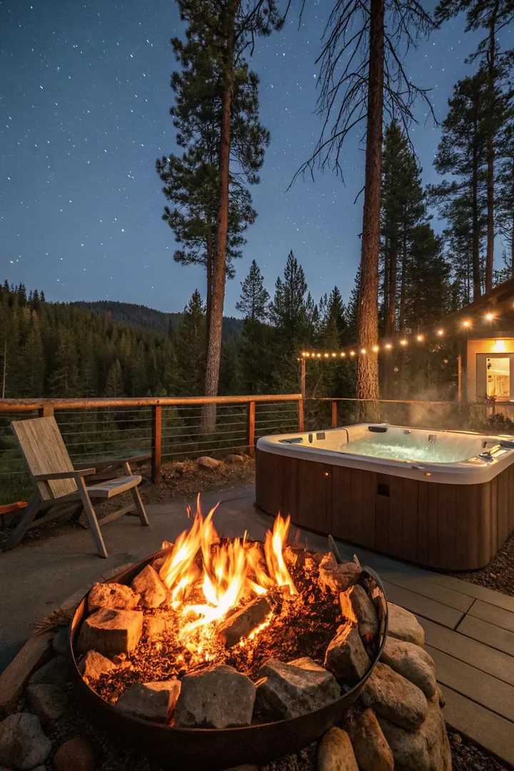 Gas fire pit on a stone patio beside a hot tub with Adirondack chairs