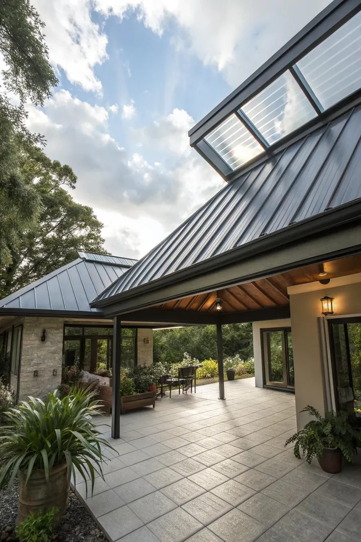 metal roof patio cover with a polycarbonate skylight panel in the center