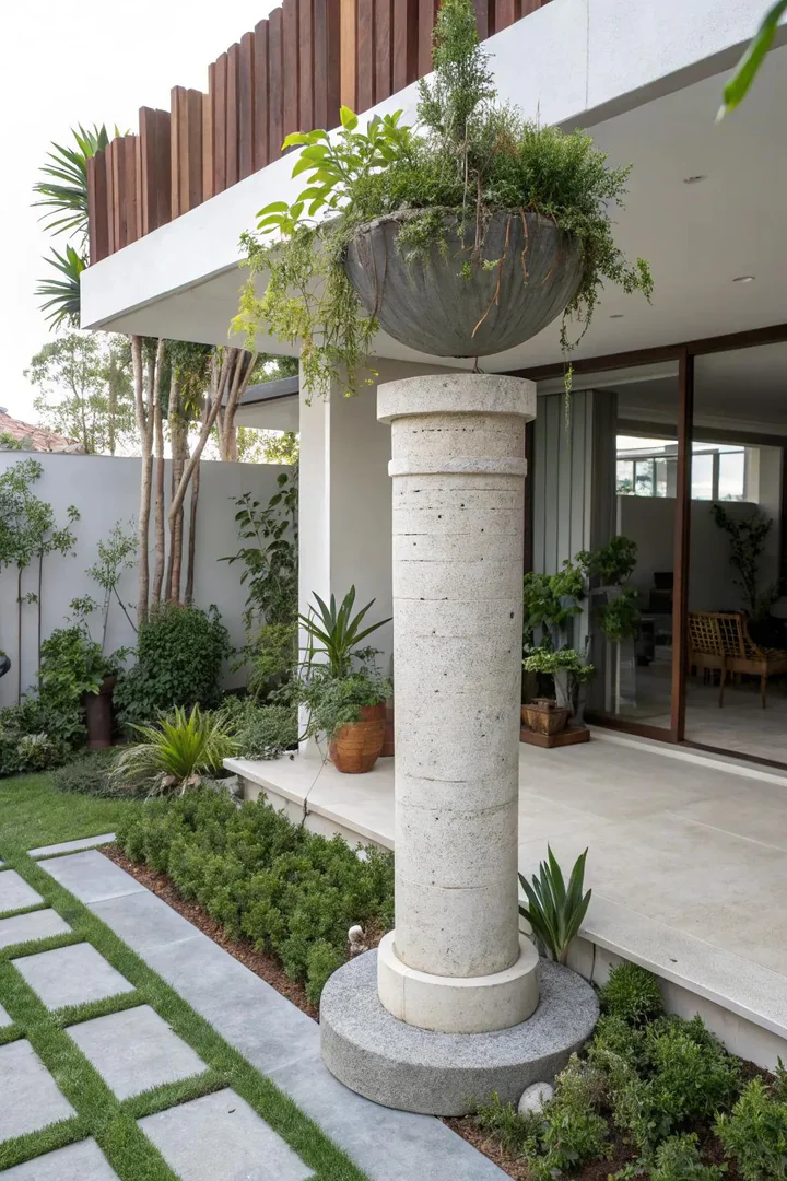 Tall concrete column pedestal displaying a large planter in a garden setting