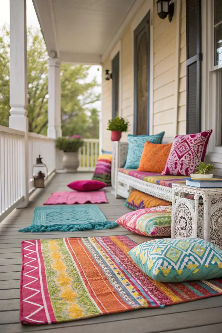 porch swing with layered outdoor throw pillows, a knit blanket, and a woven jute rug