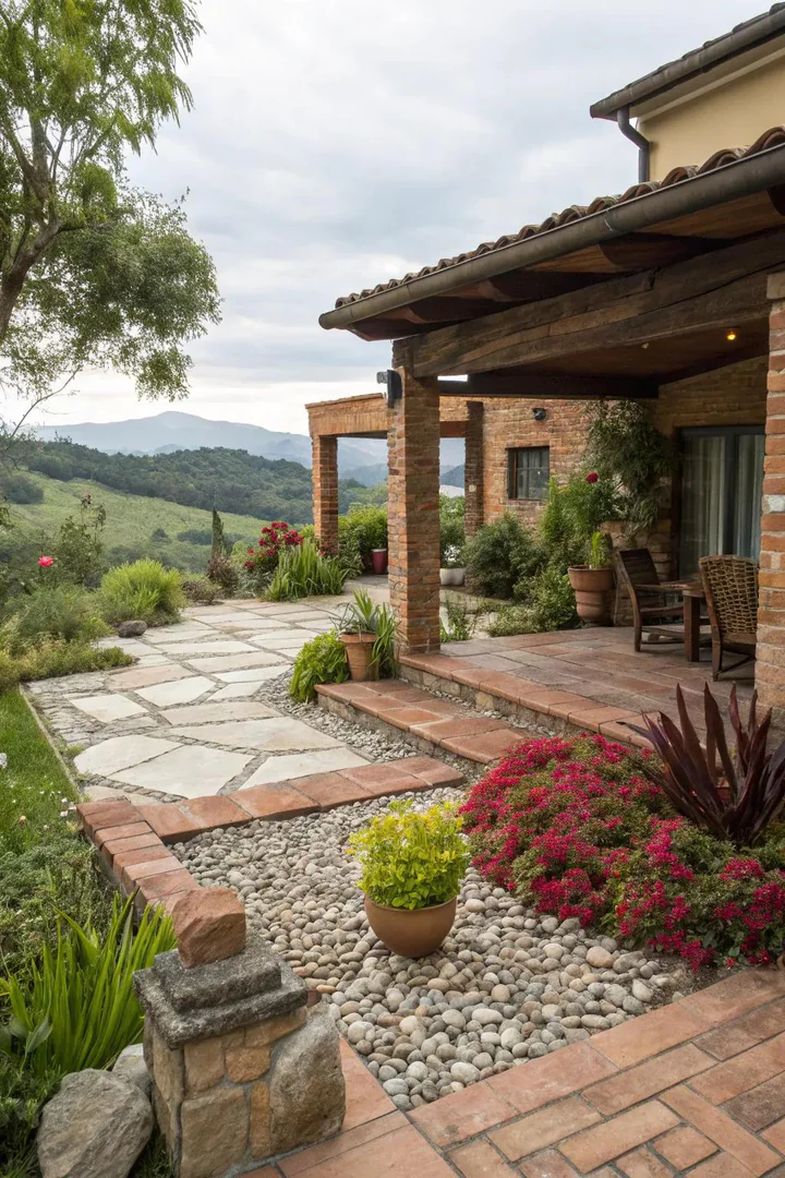 small patio combining red brick pavers, gray concrete squares, and natural stone in distinct zones