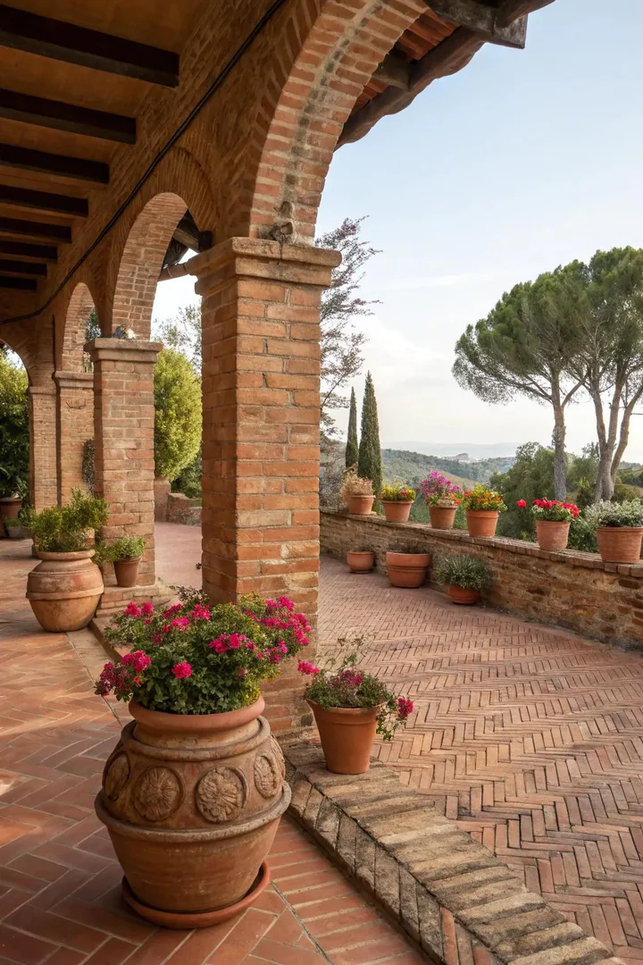 terracotta brick patio with a blue-tiled accent strip and potted olive trees in glazed urns