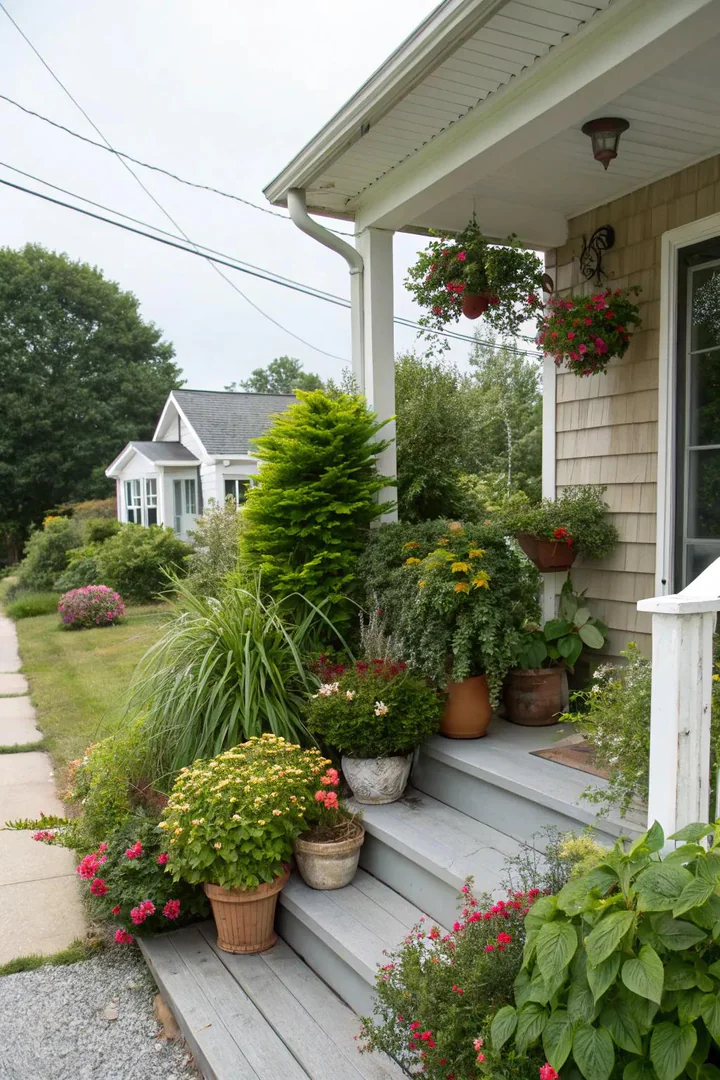small front porch with layered plants from tall grasses in back to medium shrubs to low groundcover
