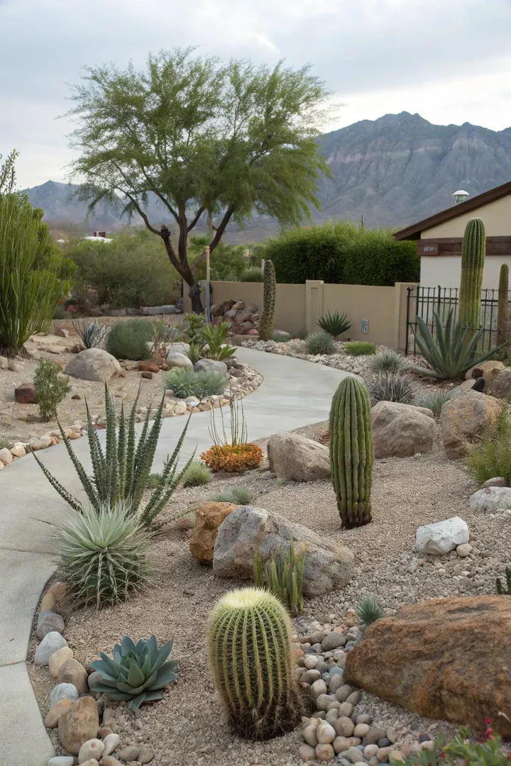 Desert backyard planted with native agave, palo verde tree, and desert marigold