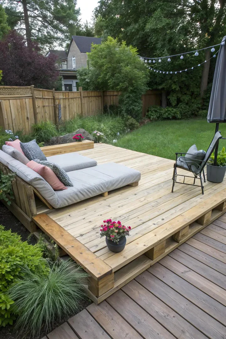DIY floating deck built as a budget patio.