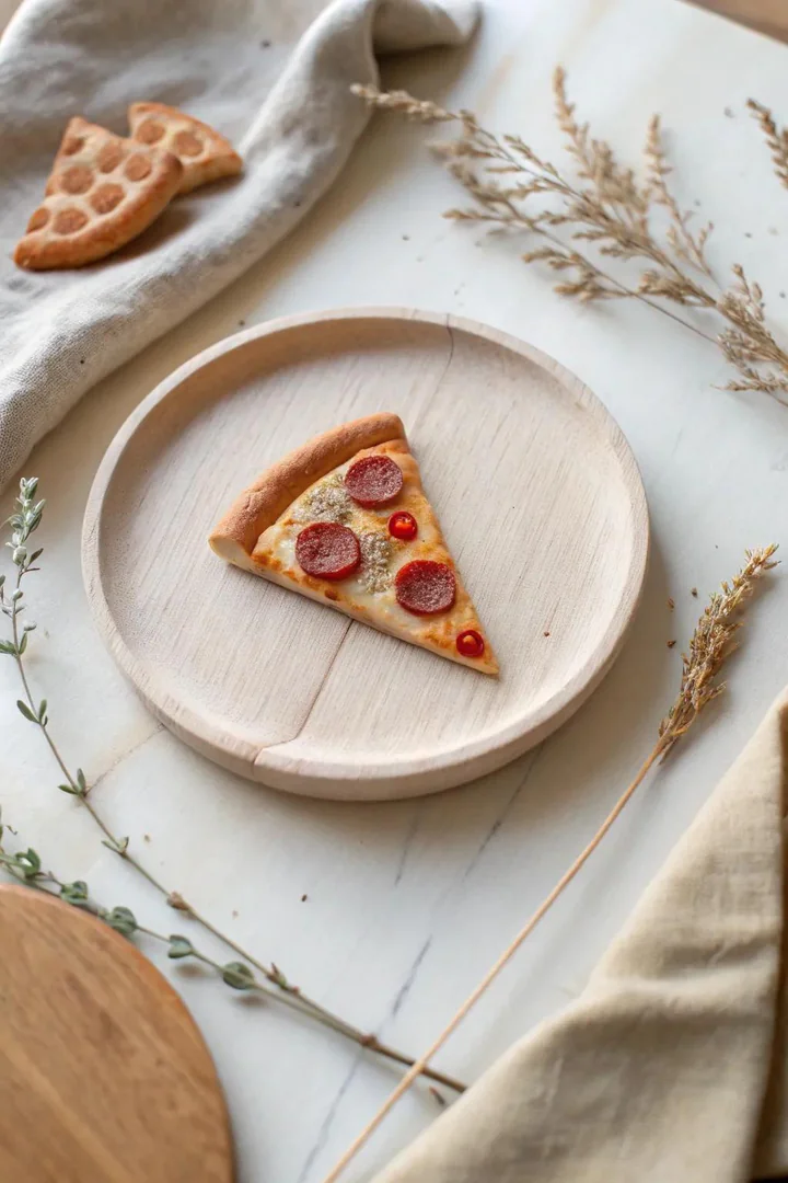 Miniature clay pizza slice magnet with pepperoni details