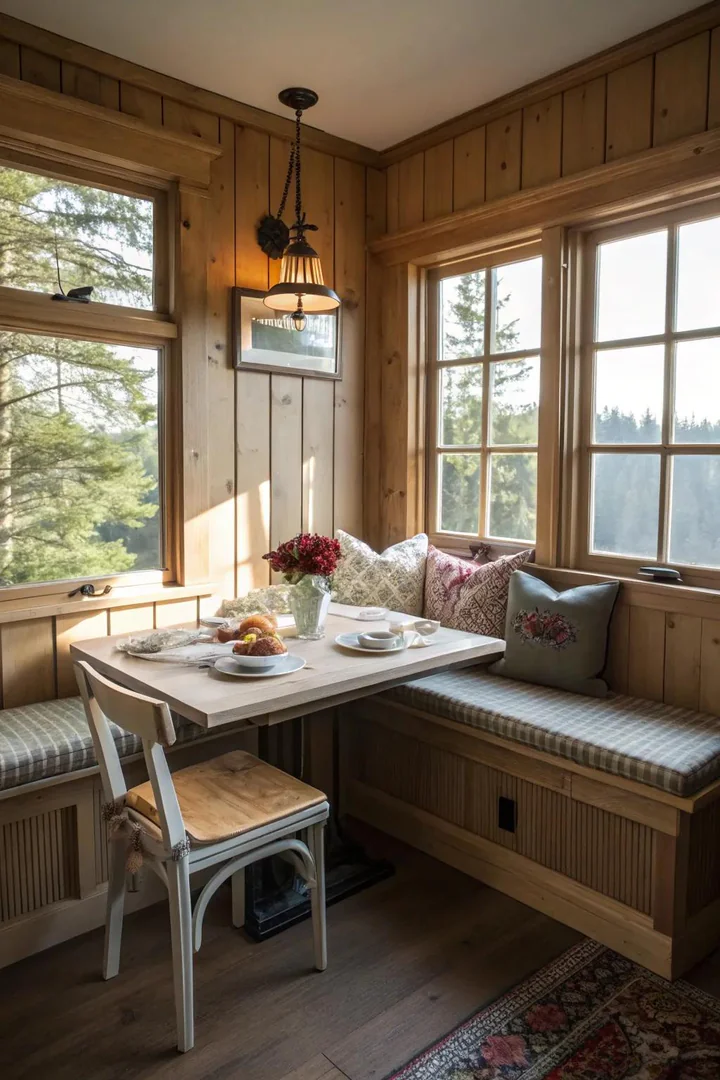 Built-in L-shaped banquette with upholstered cushions in a kitchen corner