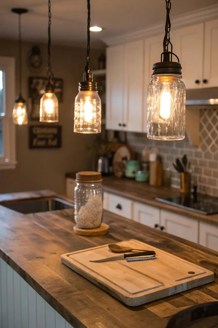 Mason jar pendant lights hanging above a farmhouse kitchen island