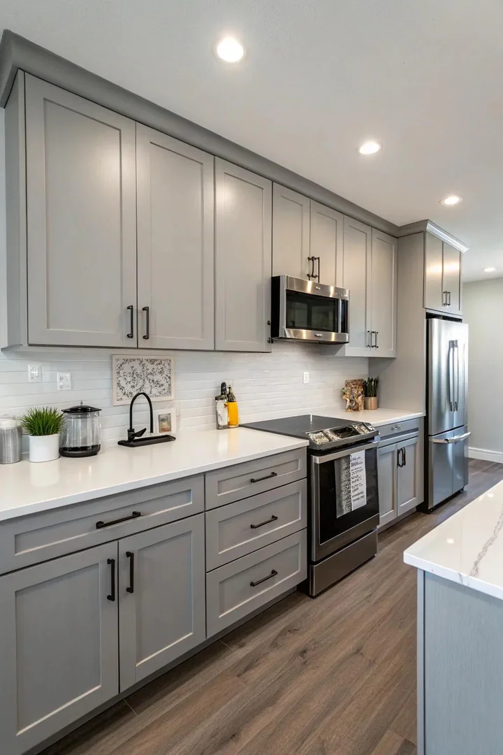 Modern flat-panel grey kitchen cabinets with minimal hardware.