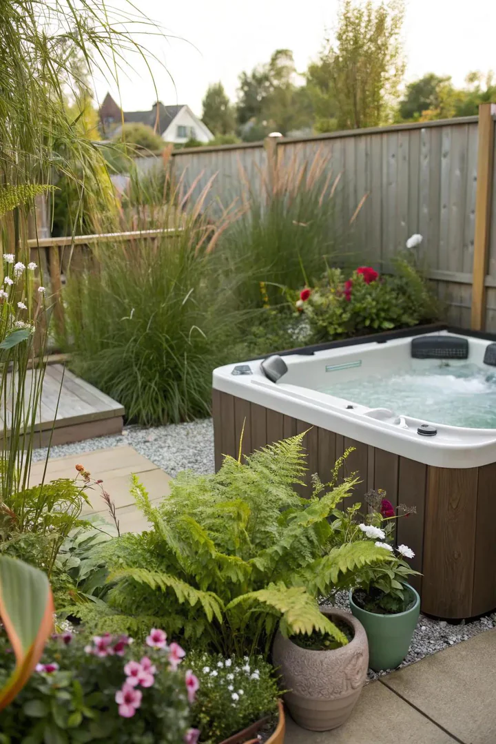 Hot tub surrounded by dense tropical plants including ferns and ornamental grasses on a stone patio