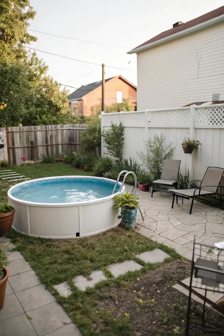 Compact 10-foot round above-ground pool with a steel frame in a small fenced backyard