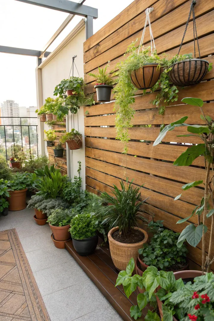 Small terrace filled with potted plants, trailing ivy, and a vertical herb garden