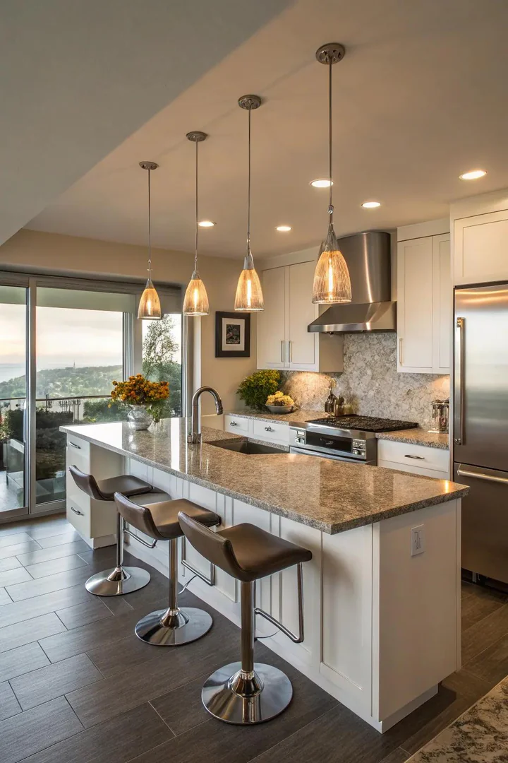 Kitchen peninsula with pendant lighting above.