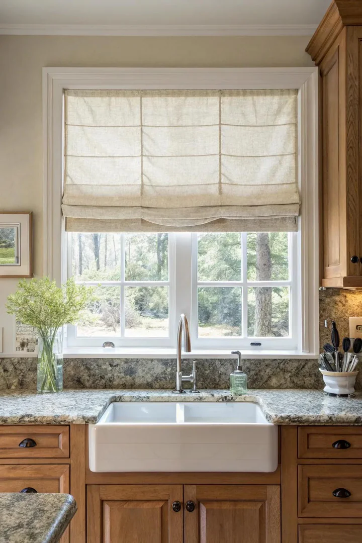 Roman shade on a kitchen window over the sink.