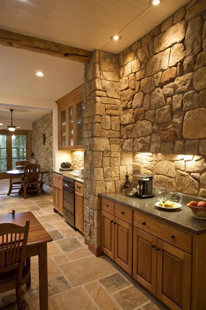 Textured stone accent wall in a kitchen.