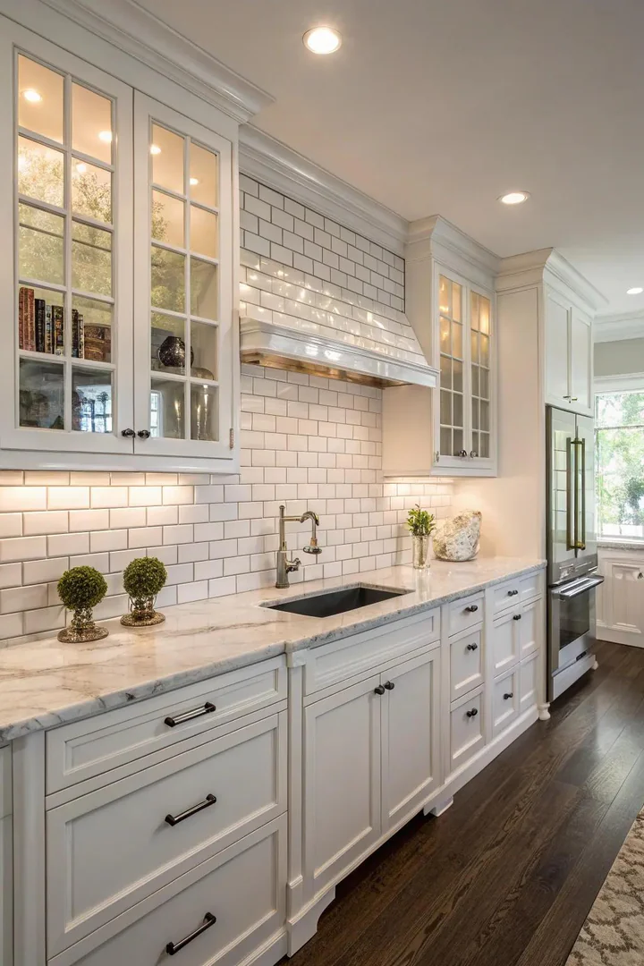 Classic white subway tile kitchen backsplash.