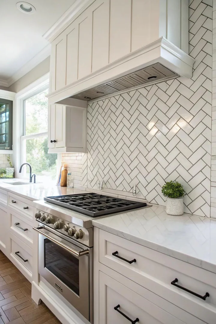 White subway tiles arranged in a herringbone pattern on a kitchen backsplash