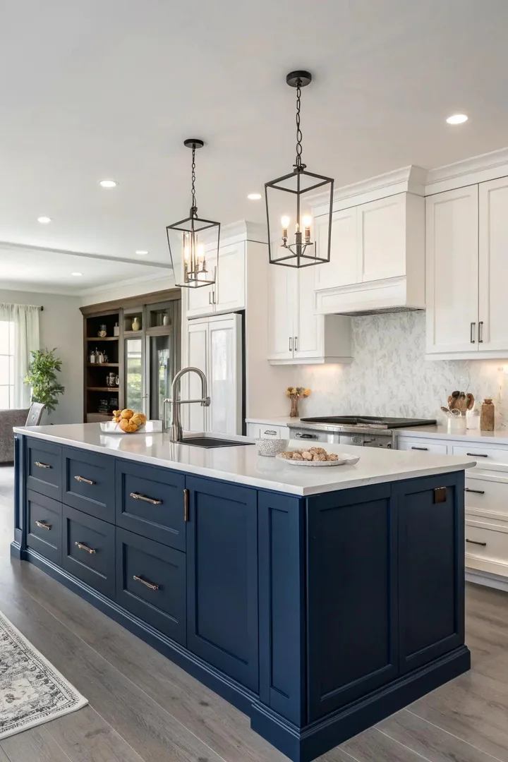 Deep navy blue kitchen island with white cabinets