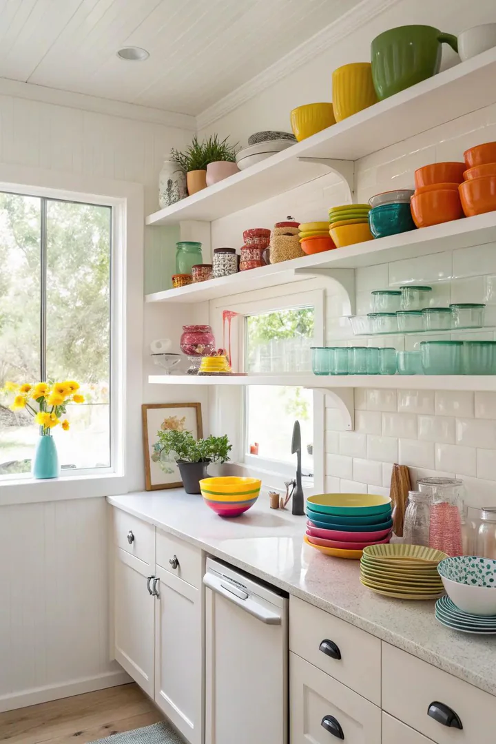 Open shelving replacing upper cabinets in a kitchen remodel.