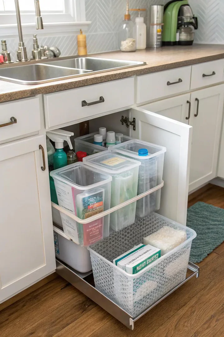 Under-sink cabinet organizer with pull-out trays.