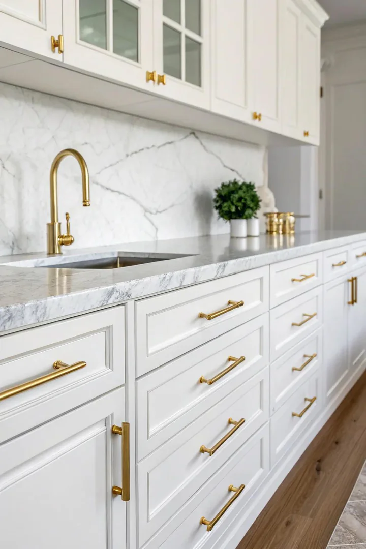 White kitchen cabinets with gold hardware pulls.