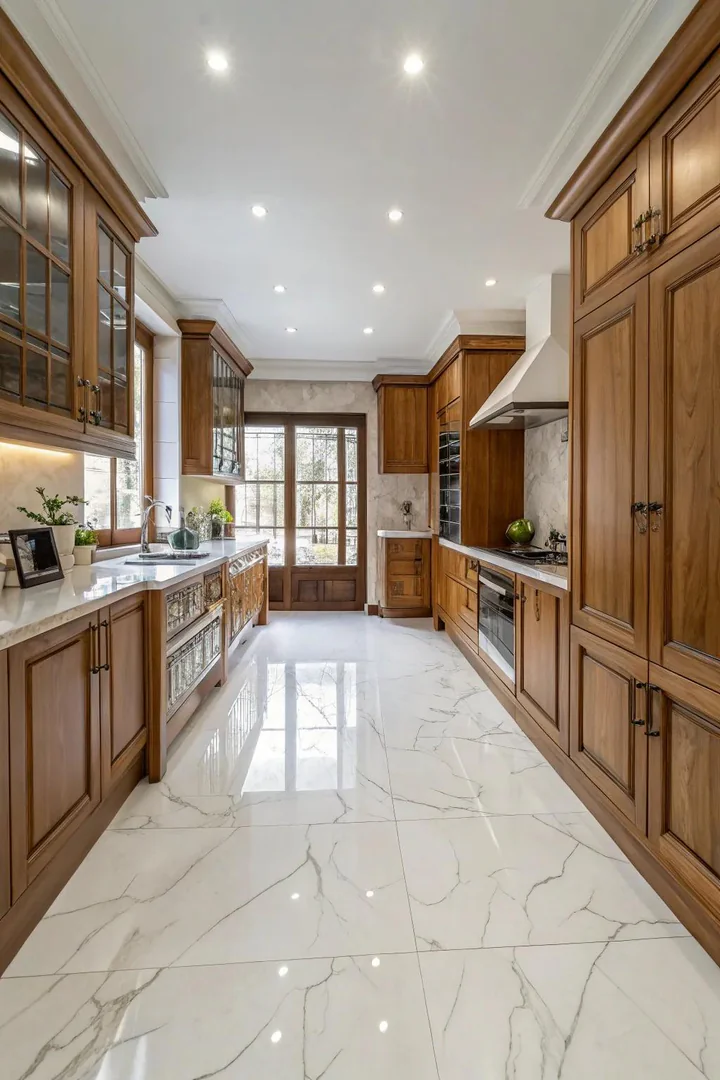 Classic white Carrara marble kitchen floor.