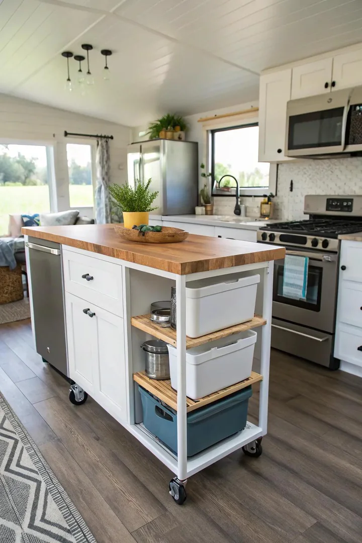 A compact rolling cart island positioned in a mobile home kitchen