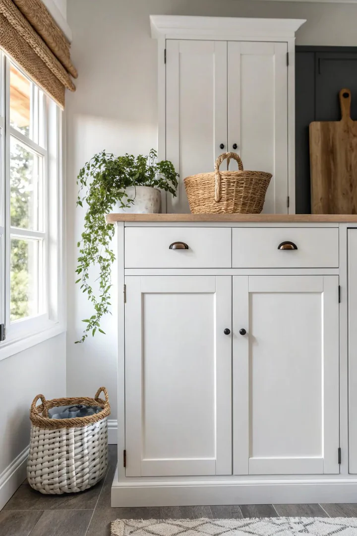 Bright white refreshed painted kitchen cabinets.