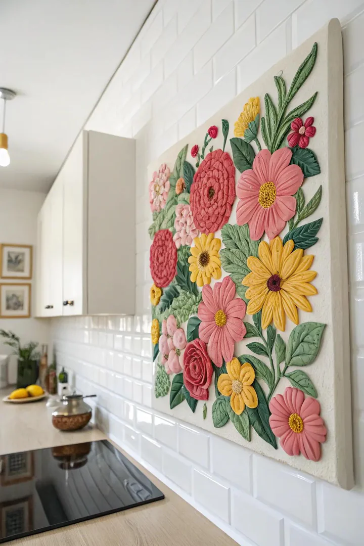 Colorful floral polymer clay wall panel.