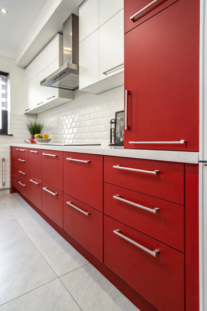 Bold red kitchen cabinets.
