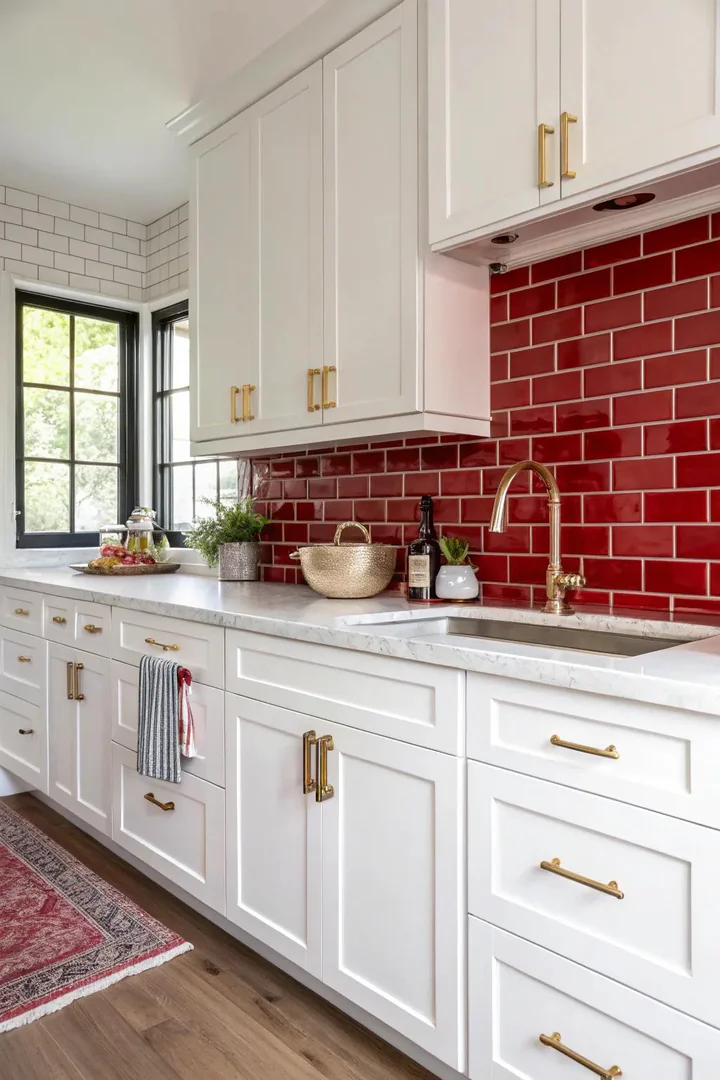 A kitchen with classic red subway tiles that add warmth and elegance.